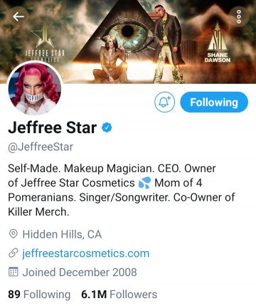 Jeffree Star Twitter Bio
