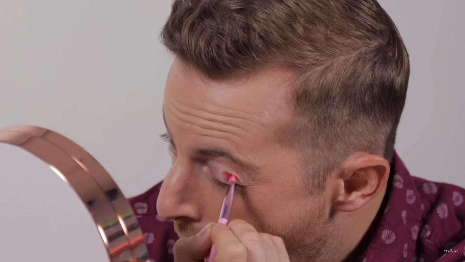 The Try Guys Become Beauty Gurus in Hilarious Video 3 Ned Fulmer putting on makeup