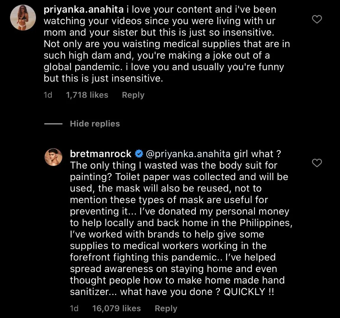 Bretman Rock Claps Back At People Claiming He Is Wasting Supplies 1 Bretman's reply to Priyanka