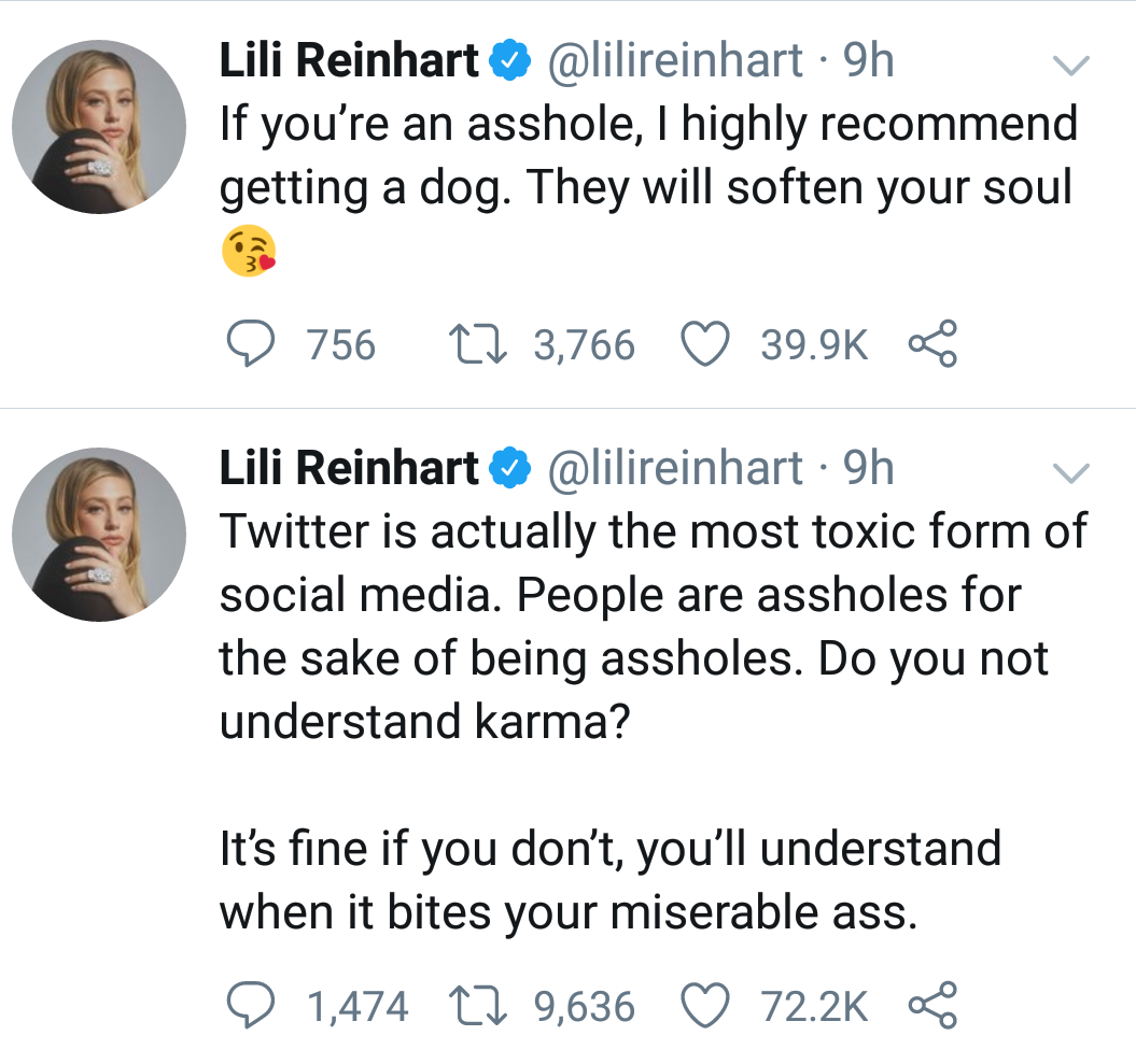 Lili Reinhart lashes out at fans' criticism of her poetry 2 Lili Reinhart Tweet