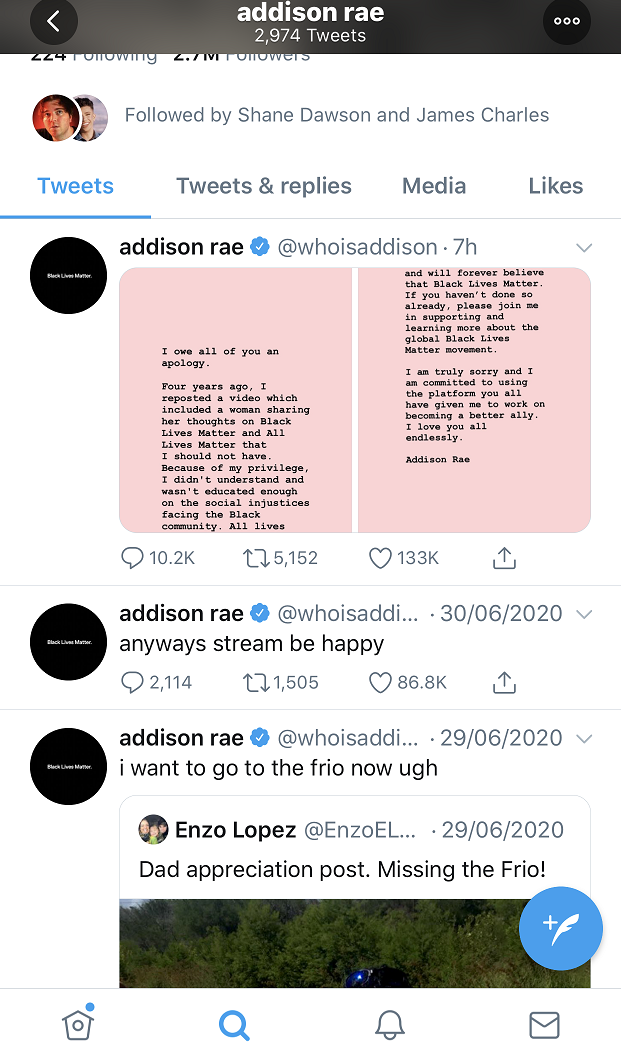Addison Rae Returns To Social Media With An Apology 1 Addison Rae's Tweet