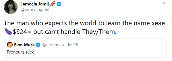 Jameela Jamil Drags Elon Musk for saying 'Pronouns Suck' 2 Jameela Jamil Elon Musk