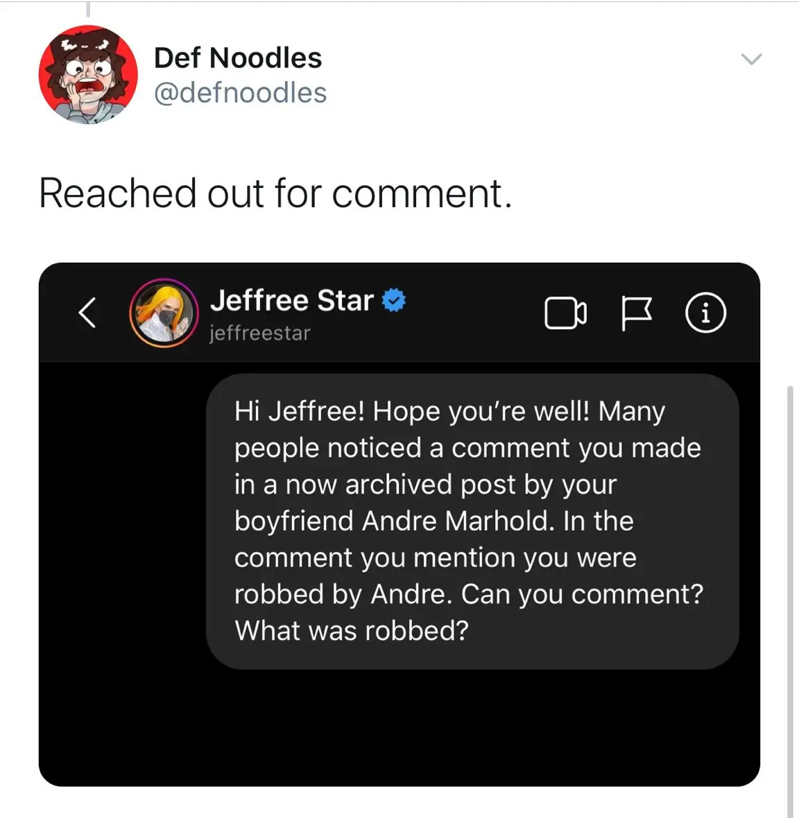 Jeffree Star claims his boyfriend robbed him 2 Def Noodles reached out to Jeffree Star