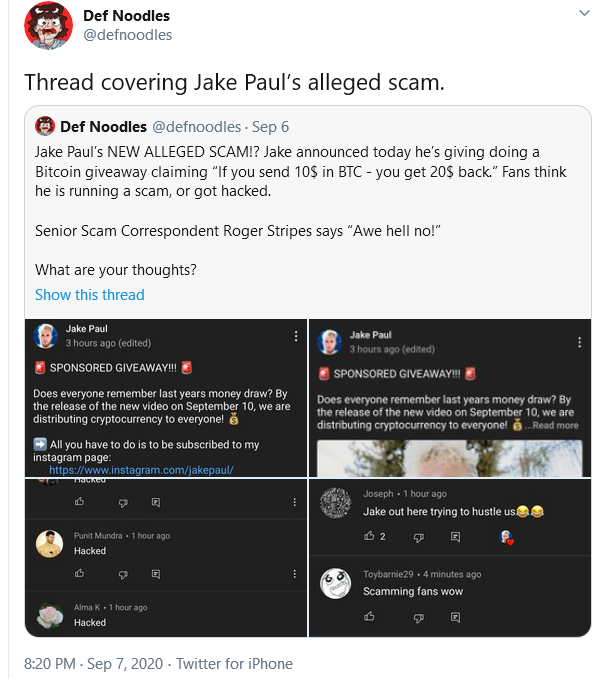 Jake Paul doesn't address the alleged BitCoin Scam in his latest YouTube video 1 Def Noodles