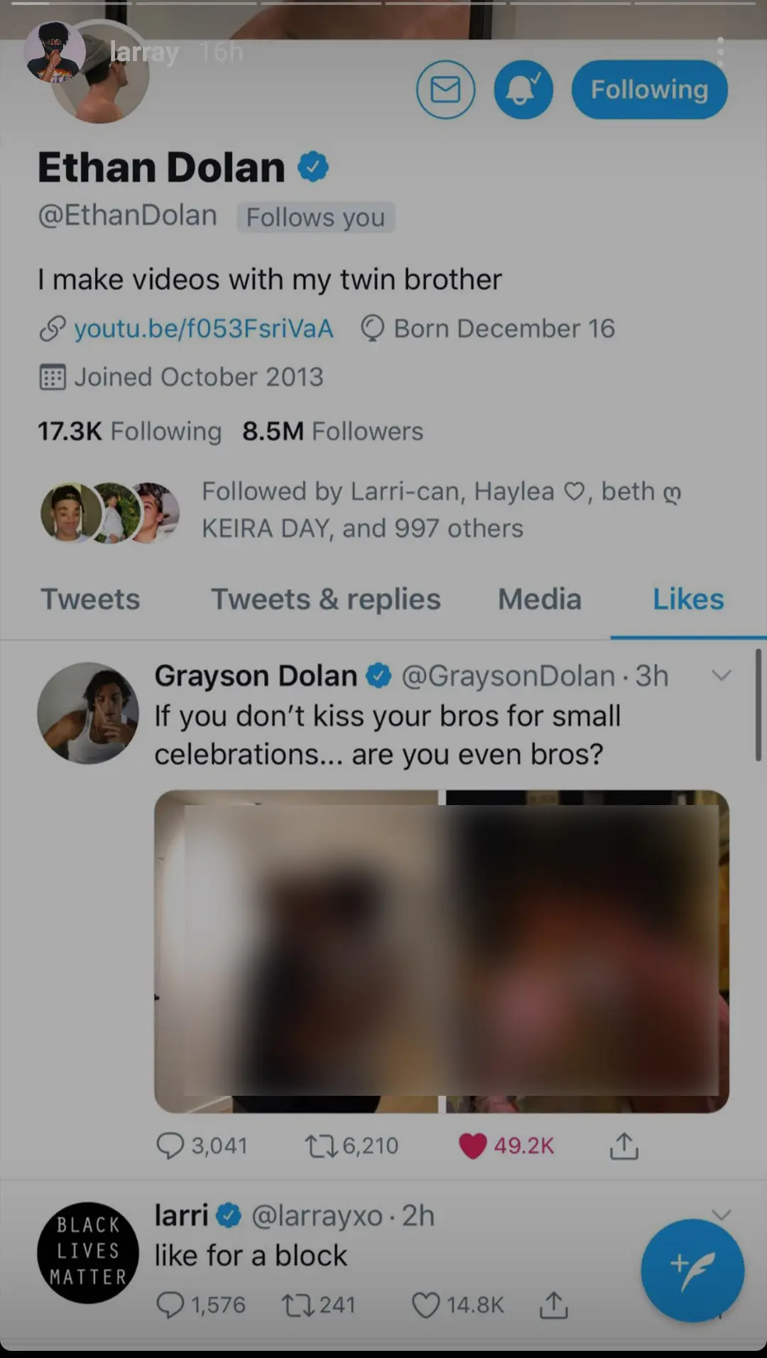 Larray ended up blocking Ethan Dolan on Twitter! 1 ethan dolan likes larray tweet