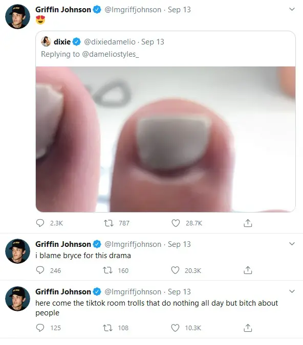 Dixie D'Amelio shuts down Griffin Johnson's toe jokes 3 Griffin Johnson