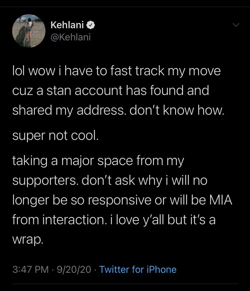 Kehlani will change how she interacts with fans after her address was leaked by fan 1 Kehlani tweet Fan space