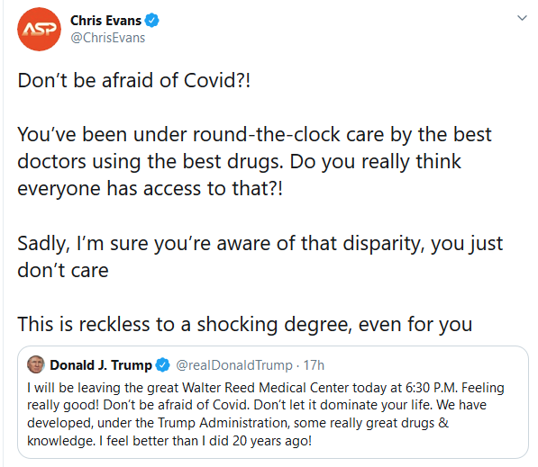 Chris Evans Slams Donald Trump for Telling people to not be afraid of COVID-19 1 Chris Evans slams Trump COVID
