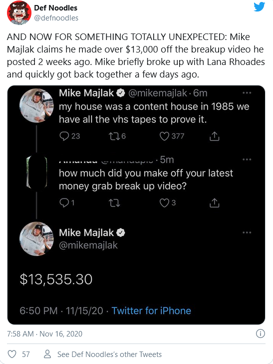 Mike Majlak earned $13,535 from breakup video with Lana Rhoades 1 Def Noodles shared Mike Majlak's response