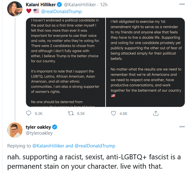 Dance Moms Star Kalani Hilliker Defends her Donald Trump endorsement 3 tyler oakley responds kalani hilliker trump