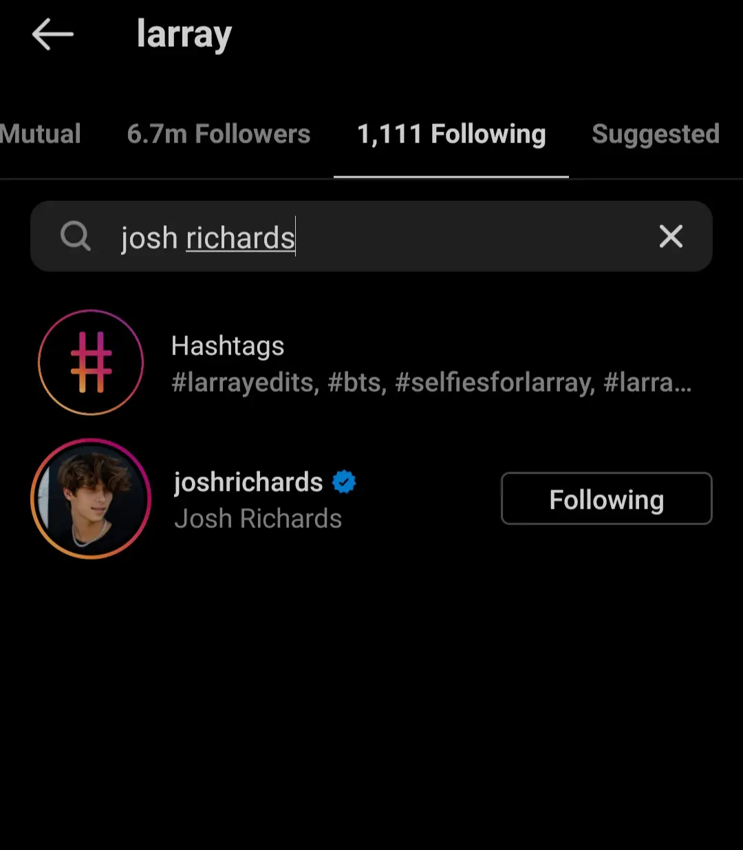 Griffin Johnson & Larray pledge loyalty to Josh Richards amid Nessa Barrett X Jaden Hossler drama | Bryce Hall & Tayler Holder take neutral stance 6 Josh Richards still followed by Larray on Instagram