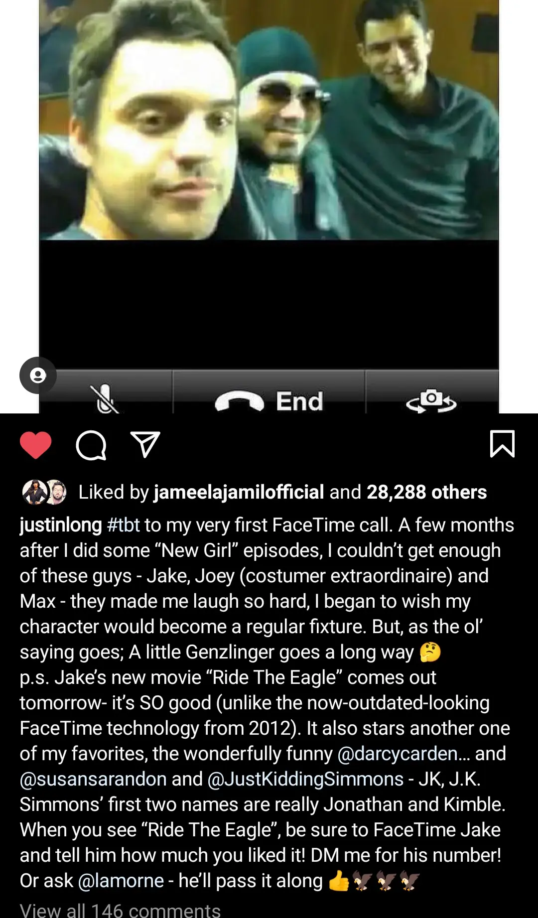 Justin Long Praises Jake Johnson & D'Arcy Carden's new Movie 'Ride the Eagle' 1 Justin Long Instagram Jake Johnson Ride the Eagle